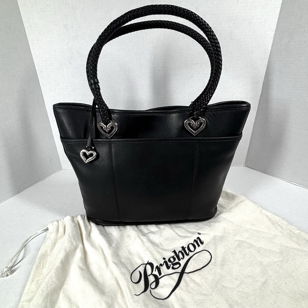 VTG 90s Brighton Black Leather Bucket Purse Heart Charm Dust Bag Weave Handle EC